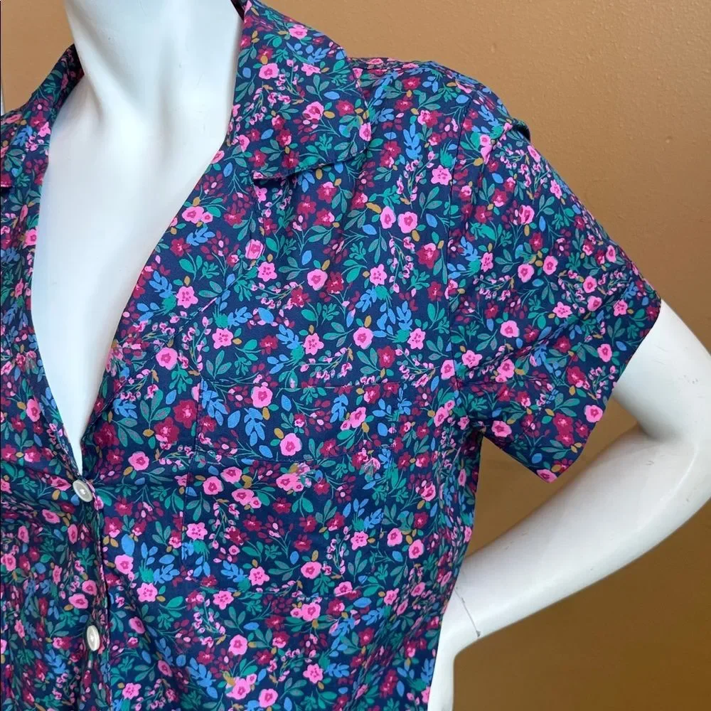 New women's J. Crew cotton pajama button down top in navy/pink floral Size L